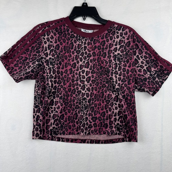 Adidas Leopard Print T Shirt Maroon Three Stripe Athletic Cropped Top M - Picture 1 of 5
